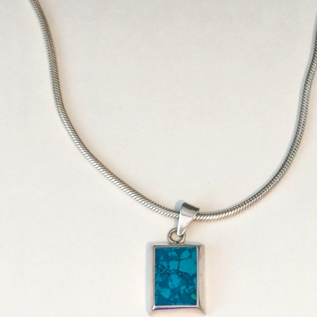 Ati Mexico 925 Sterling Silver Faux Turquoise Pendant Snake Chain Necklace